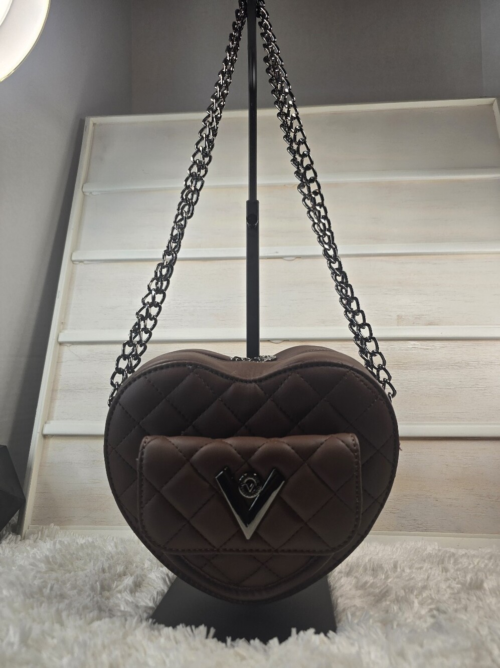 Valentino Orlandi Quilted Heart Crossbody Bag in Dark Brown